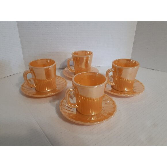 Vintage Anchor Hocking Fire King Peach Lustre set of 4 Mugs & 4 Saucers. Read - Picture 1 of 16